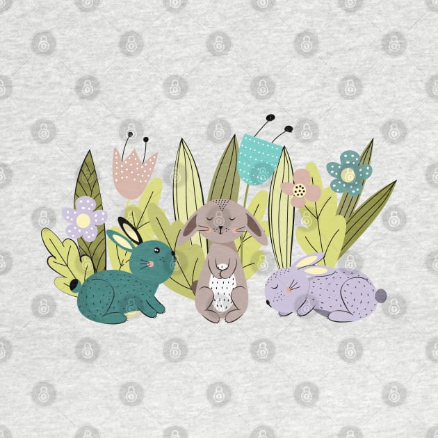 Rabbits between flowers by grafart